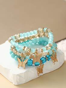 4-Piece Bohemian Style Fashion Women's Bracelet Set, Handmade Faux Crystal Beaded Chain With Butterfly Pendant, Perfect For Daily Wear Or Gift Giving