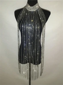 1pc Sexy Rhinestone Fringed Chest Chain, Luxury Ladies Party Fashion Bikini Necklace Body Chain - Silver - View 2