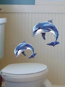 Autocollants de toilette phosphorescents en forme de dauphin - 20 x 30 cm, décoration de salle de bain en PVC, design fantaisiste de dauphins bleus et noirs adhésifs pour la maison, la salle de bain et la décoration des toilettes, autocollants et décalcomanies de toilette, accessoires de salle de bain pour l'automne