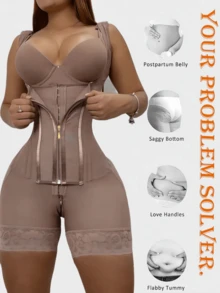 1 Pc Women's Body Shaper Bodysuit, Colombian Shapewear,Tummy Control ,Butt Lifter, Slimmer Jumpsuit, Zipper Closure,Thigh Slimming Bodysuit Lingerie,Suitable For Daily Wear Or Various Occasions - Rust Brown - View 4