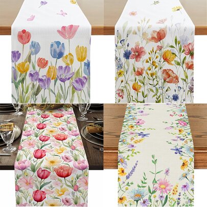 1 Pc Elegant Blossom Floral Tulip Table Runner,Seasonal Farmhouse Rustic Holiday Home Party Kitchen Dining Wedding Gathering Decoration For Indoor Outdoor Use