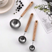 1 PIEZA/Cuchara medidora de café vintage, cuchara medidora de café molido de acero inoxidable con mango de madera largo, cuchara medidora metálica para medir té, café, miel. Vuelve a la escuela. - Marrón - Ver 2