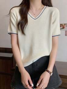 Casual V-Neck Short Sleeve Knit Top, Contrast Ribbed Slim Fit, Versatile For Daily Wear And Dates - Apricot - View 5