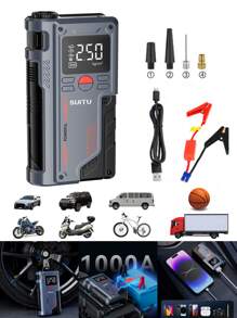 Potência portátil - Auxiliar de partida de bateria de carro, inflador de pneus de 150 PSI, display de LED, carregador portátil, luz de LED, carregador de bateria de carro de 12 V para motores a gasolina de 4,0 L e 2,5 L, kit de emergência para acostamento