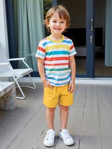 2pcs/Set Boys Colorful Striped Short Sleeve T-Shirt + Yellow Shorts, Summer - Multicolor - View 4