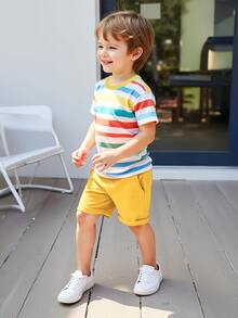 2pcs/Set Boys Colorful Striped Short Sleeve T-Shirt + Yellow Shorts, Summer - Multicolor - View 5