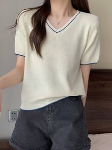 Casual V-Neck Short Sleeve Knit Top, Contrast Ribbed Slim Fit, Versatile For Daily Wear And Dates - Apricot - View 6