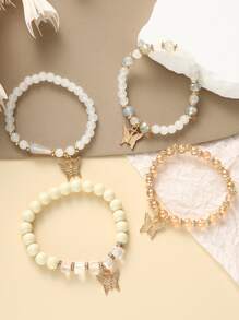 4-Piece Bohemian Style Fashion Women's Bracelet Set, Handmade Faux Crystal Beaded Chain With Butterfly Pendant, Perfect For Daily Wear Or Gift Giving