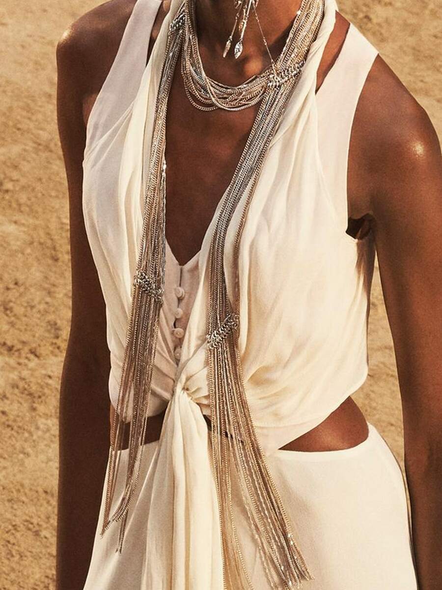 1pc Women's Fashionable Multi-Layer Metal Chain Scarf Necklace, Casual Personalized Design, Suitable As Gift Or Daily Wear - Layered Necklace - View 1