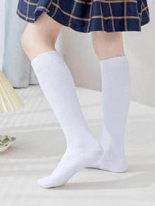 1 Pair Kids & Teens Solid Color Wide Mouth Breathable Knee-High Socks, Suitable For School Wear - White - View 1