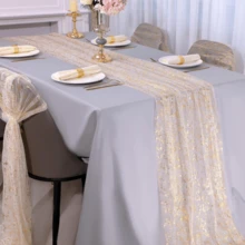 1pc Glittery Gold Color Table Runner, Wedding Table Decor Flag, Baby Shower Birthday Party Dining Table Decoration Flag, Foil & Mesh Table Runner - Gold - View 3