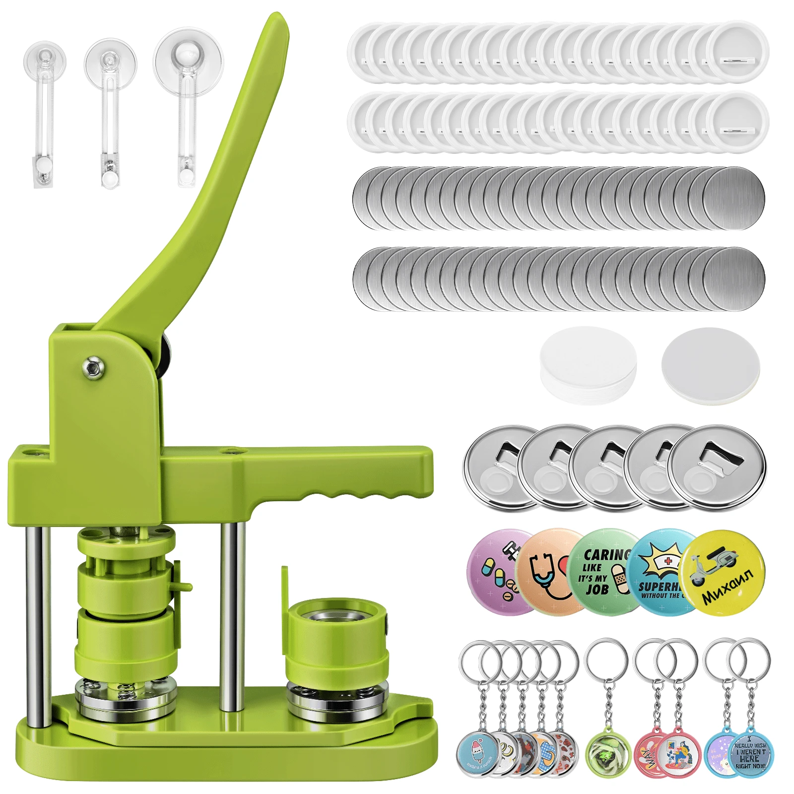 DOYFAY Multi-Size Button Maker Badge Machine (25+32+58mm) – Includes Metal Pin Back Button Sets, Molds, Plastic Washer & Round Paper Cutter - 綠色 - 查看 1