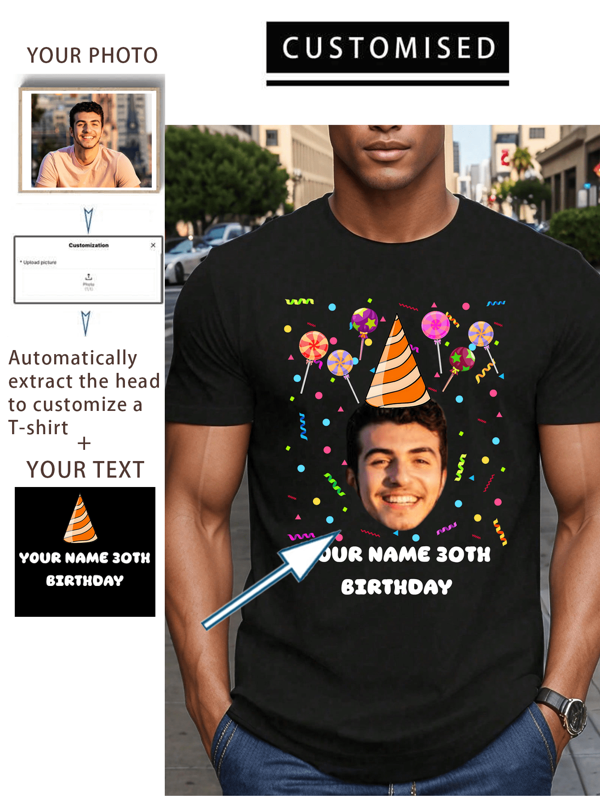 Customized Personalized Loose Round-Neck Casual Face Stick Figures Birthday T-Shirt - Add Your Images And Your Text (Family Photo/Selfie/Pet Photo/Friend Photo/Lover Photo/Girlfriend Photo/Gifts/Logo For Couples/Customizable Tee For Husband Or Boyfriend Or Girlfriend,Birthday Present And Party Or Group,Funny Birthday Shirt)