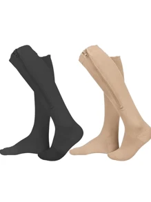 2 Pairs Zipper Compression Socks For Men And Women - Calf & Knee Support Stockings 15-20mmHg Compression Stockings, Side Zip Knee High Socks,Comfort And Breathability,Suitable For Sports