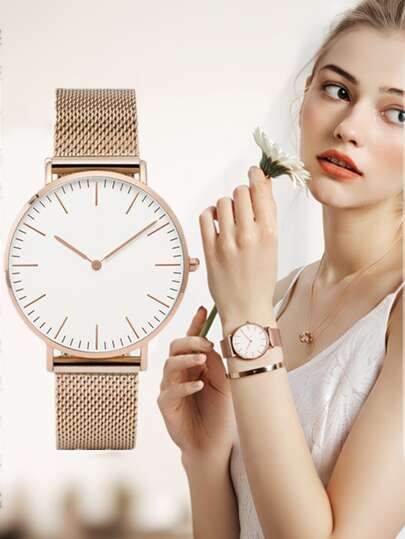1pc Ladies' Quartz Wristwatch Mesh Strap Round Pointer Stainless Steel Strap,Ultra Thin Dial able Quality Jewelry Rose Goud Horloge Travel As Students Returning To School view 2
