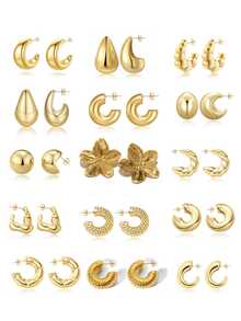 1pair Small Size New Geometric Design Medium Statement Earrings For Women, Suitable For Daily Wear, Party And As Gift - Yellow Gold - View 15