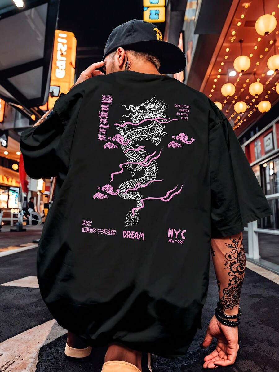 Dragon T-Shirt Street Skate Street Shirt Blouse Unisex Male Female 100% Cotton Top Premium Streetwear New Release Immediate Shipping Various Colors!! Plus Size - 黑色 - 查看 1
