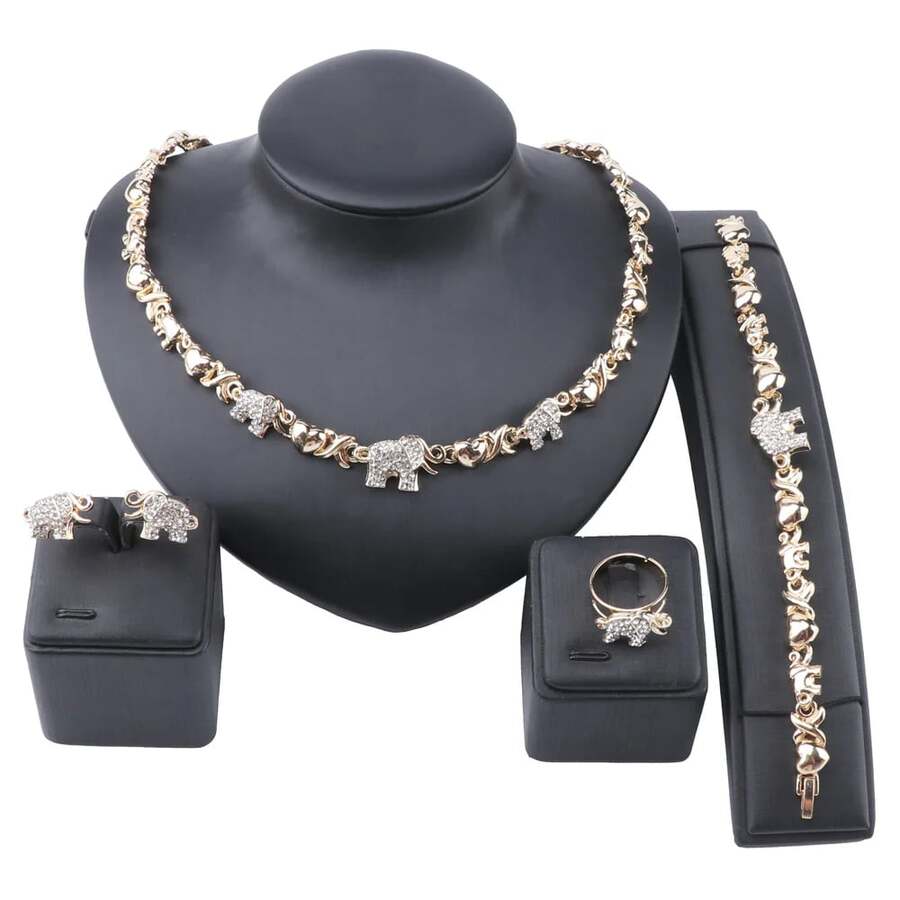 Conjunto de Joias de Noiva com Tema de Elefante Estilo Dubai, Colar Banhado a Ouro com Cristais + Brincos + Anel + Pulseira, Adequado para Casamento, Festa, Noivado, Presente de Aniversário