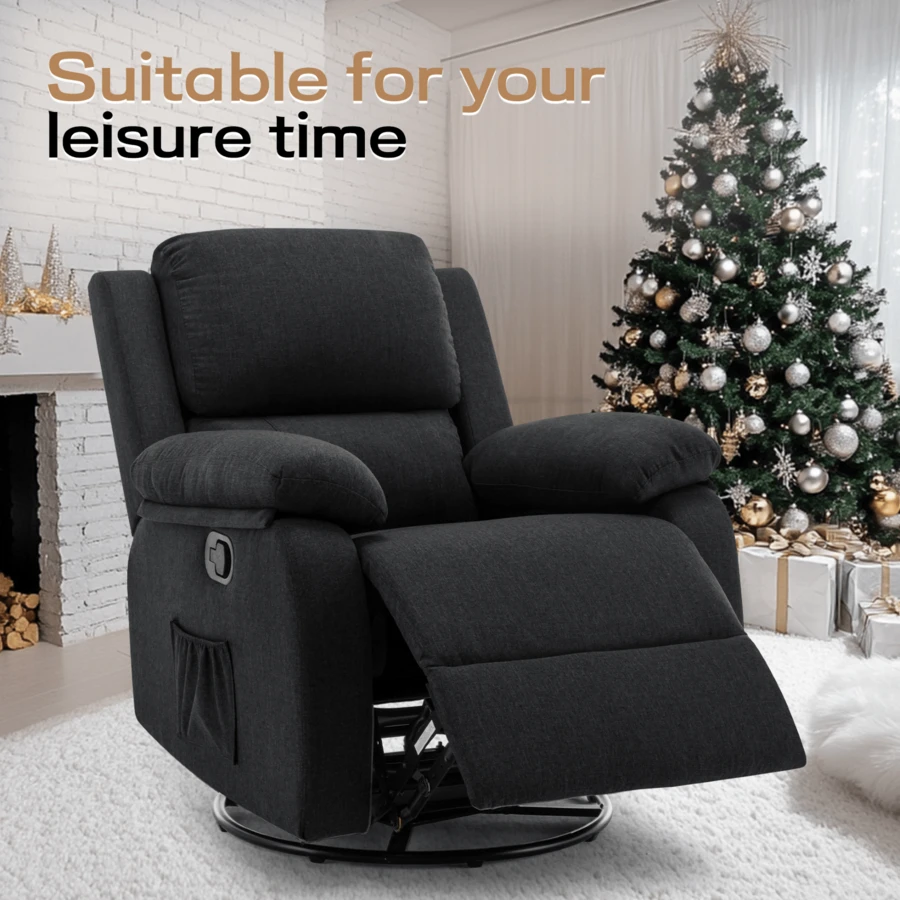 KORSER Recliner Chair, 360 Swivel Rocker Chair For Adults, Small Rocking Recliner Chair For Small Spaces, Upholstered Fabric Glider Recliner Nursery Chair With Side Pockets For Living Room, Nursery - màu đen - Xem 1