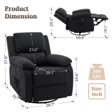 KORSER Recliner Chair, 360 Swivel Rocker Chair For Adults, Small Rocking Recliner Chair For Small Spaces, Upholstered Fabric Glider Recliner Nursery Chair With Side Pockets For Living Room, Nursery - màu đen - Xem 3