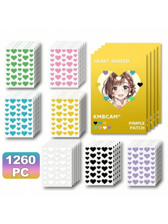 1260 片心形痘痘贴（7 种颜色），面部贴 - 无香型，不含防腐剂 - 男女通用，适合所有肤质，无香型，不含任何成分