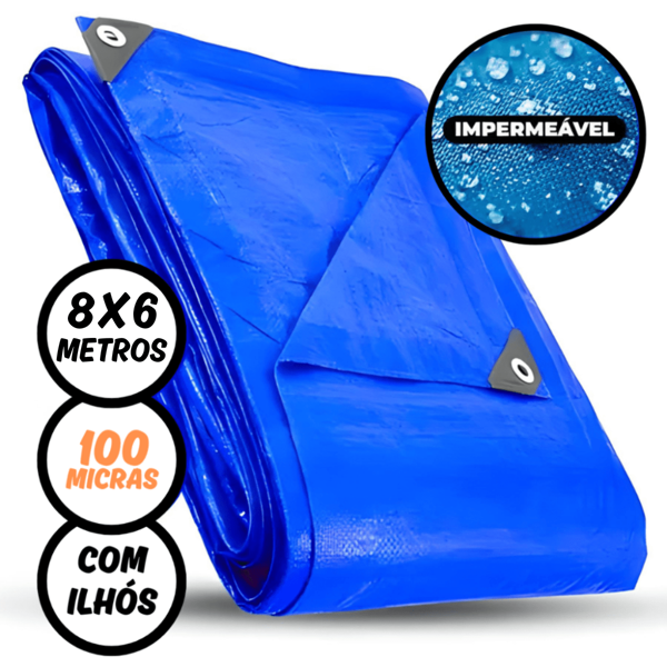 Lona Impermeavel Plástica 6 x 8 Metros Azul com Ilhós Reforçados 100 Micras