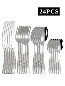 4/16/24件不锈钢餐具套装，独特星形手柄，适合家庭聚会、餐厅、生日、婚礼、派对庆典、学校用品 - 銀色 - 查看 1