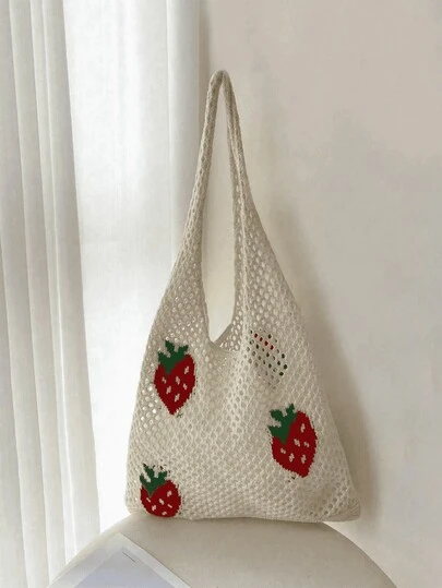 Lightweight Casual Cute Crochet Strawberry Pattern Tote Bag, Hollow-Out Details, Vacation Style, Suitable For Teenagers, Women, College Students, Ideal For University, Outdoor Activities, Travel, Picnic, Backpack. Large Capacity, Portable And Easy To Use, Suitable For Teenagers, Women, College Students, White-Collar Workers, Back To School Season, Middle School, High School, University, Vacation, Etc. Also A Lovely Strawberry Wallet., Summer, Strawberry