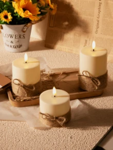 3pcs Set Flameless LED Battery Operated Candles With Remote Control And Timer, Ivory Color With Rope, Suitable For Home, Bedroom, Wedding, Proposal, Christmas, Halloween, Company Party