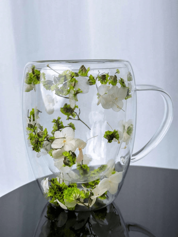 1 Dried Flower Double-Layer Glass Coffee Cup, Suitable For Hot And Cold Drinks, Equipped With A Dried Flower Design Milk Cup, A Double-Layer Glass Cup With A Handle, Heat-Resistant Cold Drinks, Suitable For Small Cups Of Juice And Tea, Romantic Beverage Experience, Ideal Birthday Gift