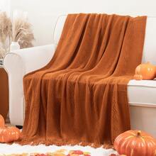 1pc Super Oversized Geometric Pattern Acrylic Knit Fringe Throw Blanket, Machine Washable, Suitable For Sofa, Office, Bed, Camping, Travel, All Seasons, Great As Movie Theme, Holiday, Birthday, Mother's Day Gift - Caramel Colour - View 3