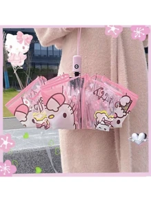 Sanrio مظلة صغيرة قابلة للطي تلقائيًا من سانريو ب- 8 عيدان من الحديد ، بتصميم كرتوني عصري ، غطاء من البلاستيك و مقبض ، مظلة شفافة قابلة للطي مزخرفة بطباعات الشخصيات الكرتونية ، مناسبة للصيف والشاطئ والسفر