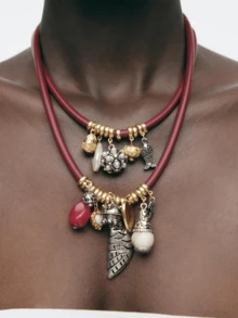 1pc European & American Style Handmade Luxurious Geometric Leaf & Fish Pendant PU Leather Rope Multi-Layer Necklace For Women, Elegant Design - Layered Necklace - View 7