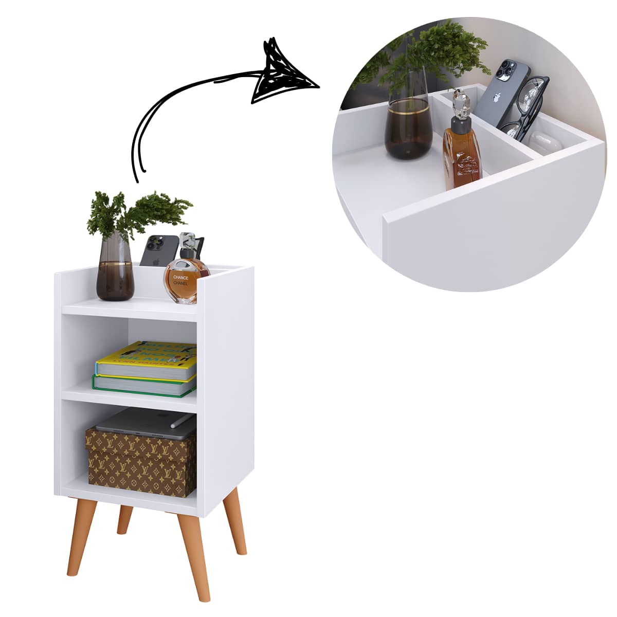 Compacta Max Bedside Table With Niche And Cell Phone Holder - White - View 1