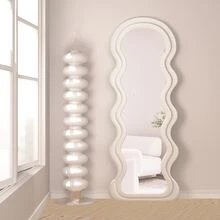 Full Length Mirror, 63" X 24" Floor Mirror, Irregular Wavy Mirror, Full Length Wall Mirror, Standing Flannel Wrapped Wooden Frame For Bedroom, Cloakroom (White) - 白色 - 查看 3