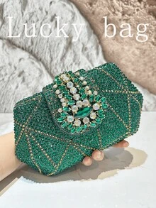 1pc New Luxury Green Rhinestone Shiny Handbag Floral Clutch Purse Small Size, Suitable For Party, Wedding, Formal Occasions, Can Be A Gift For Women - Green - View 9