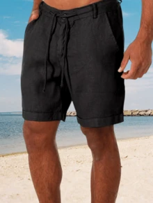 Runcati Men's Linen Casual Classic Short Elastic Waist Summer Beach Lightweight Board Slim-Fit With Pockets - 黑色 - 查看 1