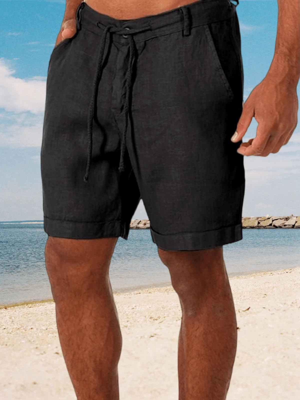 Runcati Men's Linen Casual Classic Short Elastic Waist Summer Beach Lightweight Board Slim-Fit With Pockets - 黑色 - 查看 1