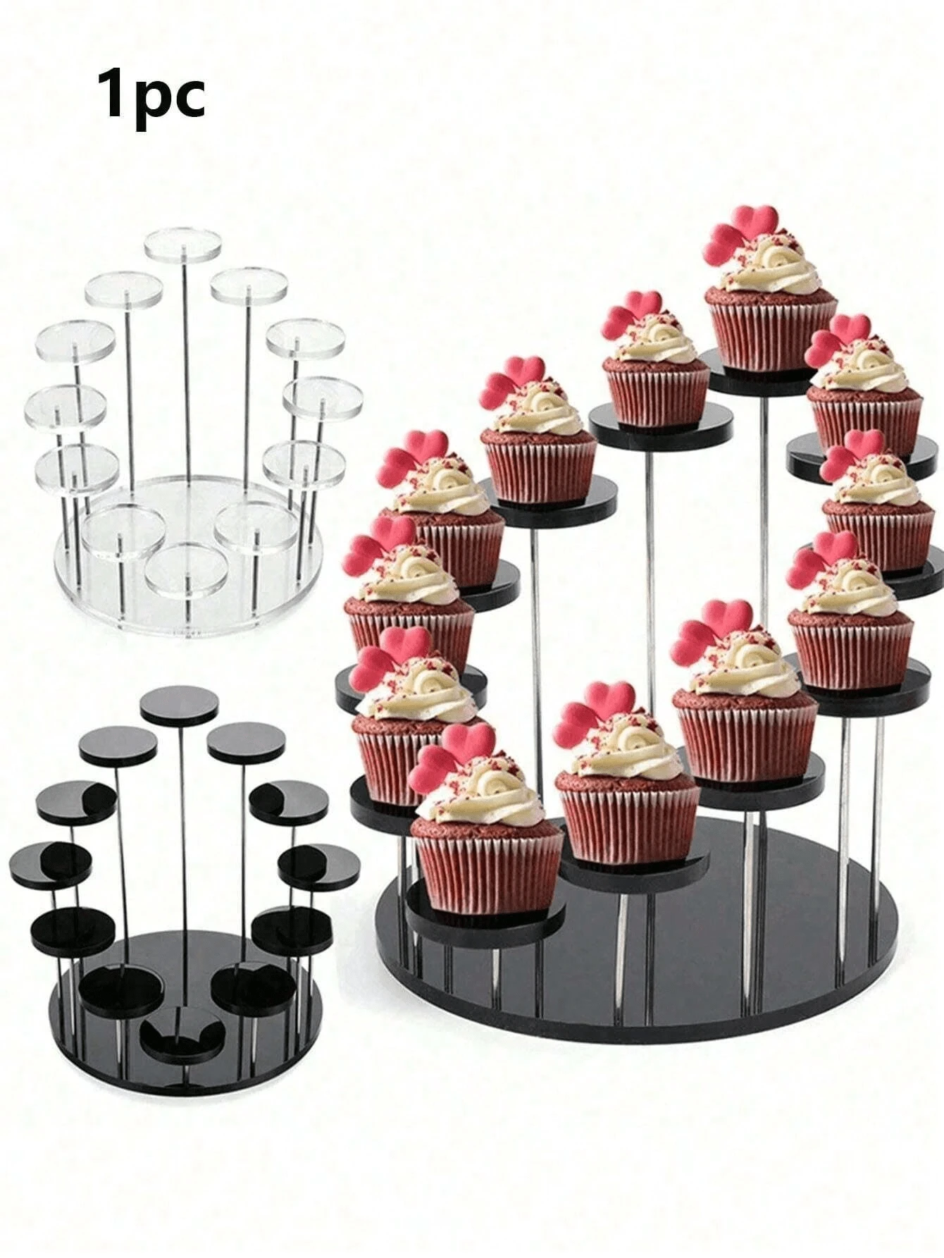 Soporte para cupcakes de acrílico, base giratoria de barra, estante de exhibición de pastel de postre redondo de varios niveles, o soporte de exhibición de aretes, anillos, pulseras, collares y joyas, decoración para el hogar en color negro - Multicolor - Ver 1