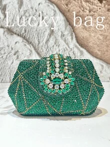 1pc New Luxury Green Rhinestone Shiny Handbag Floral Clutch Purse Small Size, Suitable For Party, Wedding, Formal Occasions, Can Be A Gift For Women - Green - View 2