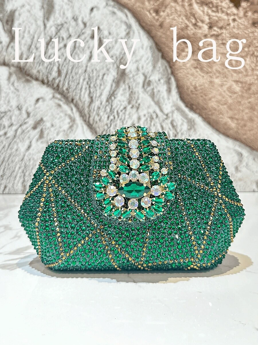 1pc New Luxury Green Rhinestone Shiny Handbag Floral Clutch Purse Small Size, Suitable For Party, Wedding, Formal Occasions, Can Be A Gift For Women