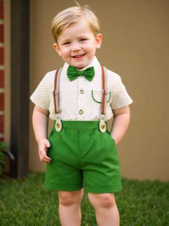 4 件套幼儿男童复古英伦风格西装套装，包括短裤、衬衫、吊带、领带