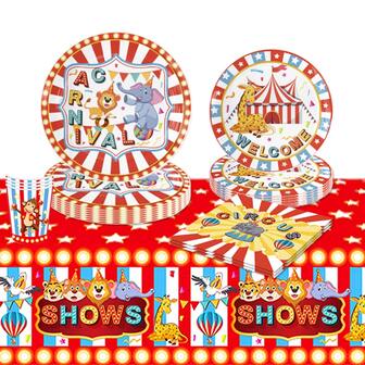 1/10/20 件马戏团主题马戏团动物派对装饰套装，卡通动物插科打诨图案派对套装包括 7/9 英寸纸盘、餐巾、杯子、桌布，适用于生日派对、家庭聚会、野餐、生日派对装饰、婚礼订婚仪式装饰、派对装饰套装