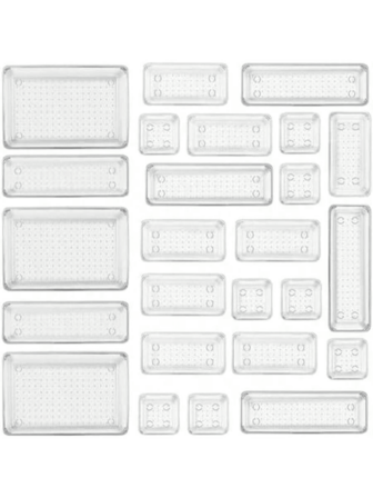 Zestaw 25 przezroczystych organizerów szufladowych z 4 rozmiarami plastikowych pudełek do przechowywania, przezroczysty antypoślizgowy organizer do makijażu do łazienki, kosmetyków, kuchni, biura
