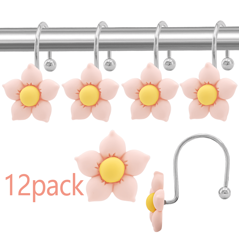 12pcs Pink Floral Style Stainless Steel Iron Waterproof Rustproof Metal Curtain Hooks Easy To Install And Not Easy To Fall Off Strong Load-Bearing Force For Bathroom Bedroom Kitchen Window Supplies Accessories Bathroom Decor Fall Decor Bathroom Accessories Back To School
