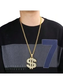 1pc Exaggerated Hip-Hop Dollar Sign Crystal Inlaid Bold Alloy Pendant Necklace, Suitable For Men And Women Everyday Wear - Gold - View 5