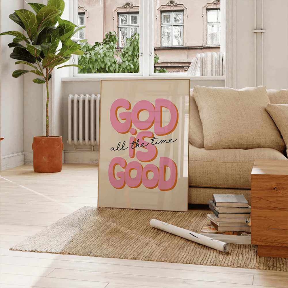 Set Of 1 God Is Good All The Time Wall Art - Pink Christian Bible Verse Canvas Print,Inspirational Jesus Quote Poster For Teen Girl Bedroom,Home Decor,Retro Modern Religious Art,Unframed