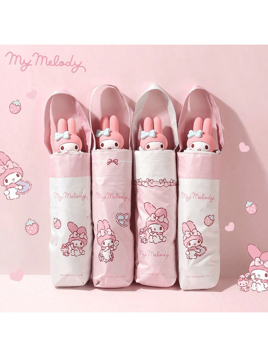 Sanrio 1 pieza Paraguas plegable tridimensional con cabeza de muñeca Melody de Sanrio, la perfecta integración de lo lindo y lo práctico, un elemento esencial para el verano que brinda protección solar y una experiencia de viaje refrescante y divertida, adecuado para fans de todas las edades