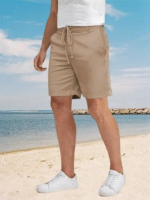 Runcati Men's Linen Casual Classic Short Elastic Waist Summer Beach Lightweight Board Slim-Fit With Pockets - 深卡其色 - 查看 4