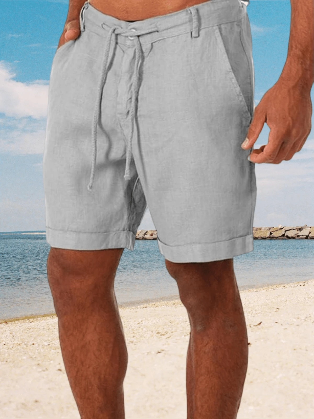 Runcati Men's Linen Casual Classic Short Elastic Waist Summer Beach Lightweight Board Slim-Fit With Pockets - Xám - Xem 1